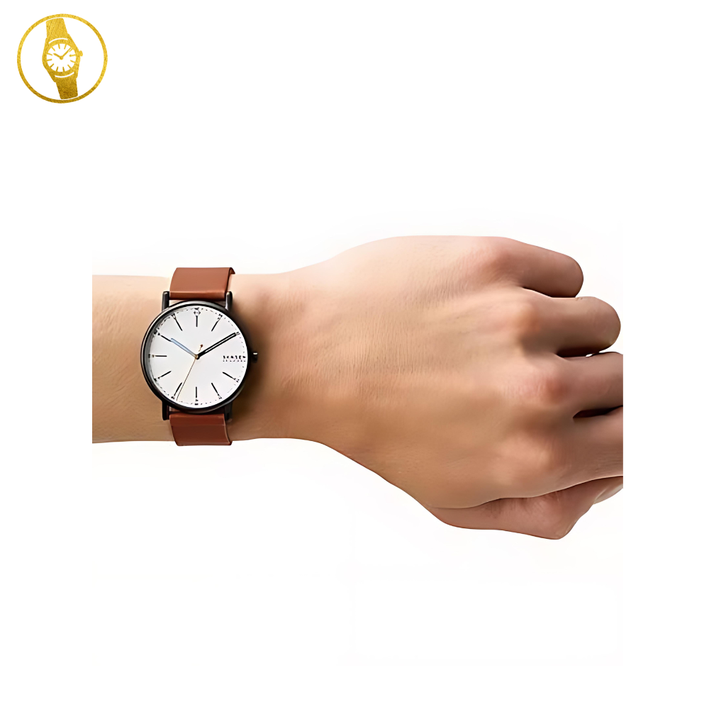 SKAGEN Signatur Mens White Minimalist Style watch, Brown Leather - 1stMobile.UK