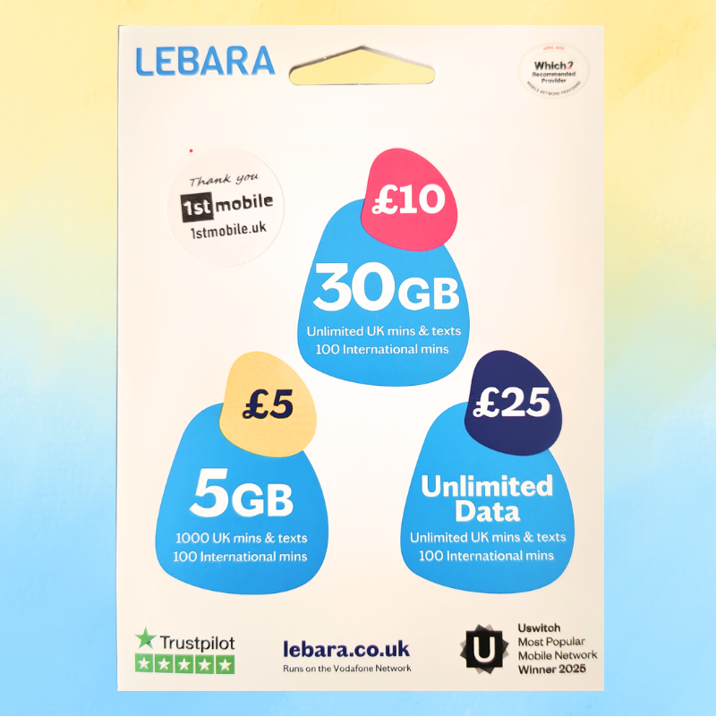 LEBARA UK Pay As You Go Sim Cards. NOW WITH MORE DATA. Top up from just £4.50 - 1stMobile.UK