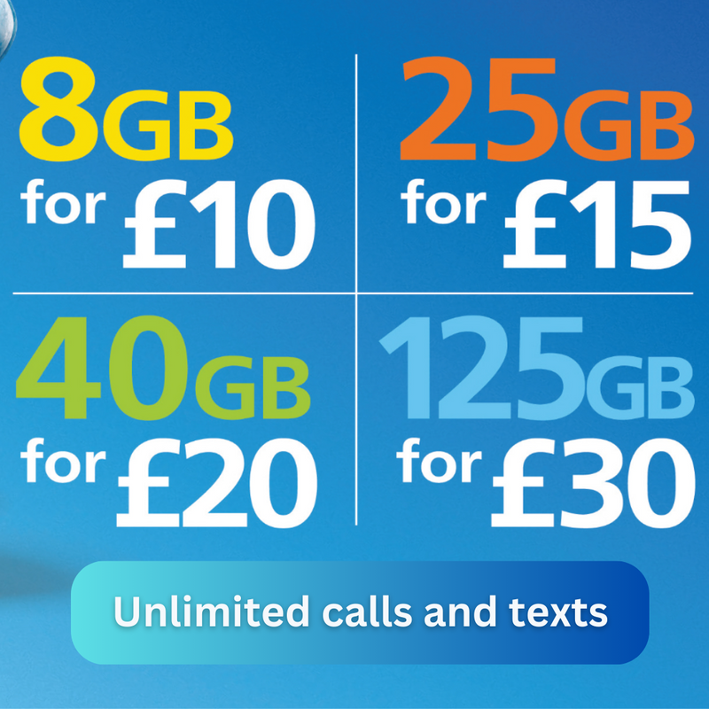 O2 Sim Cards, Big Bundle Pay As You Go, with £10 included + £5 free credit