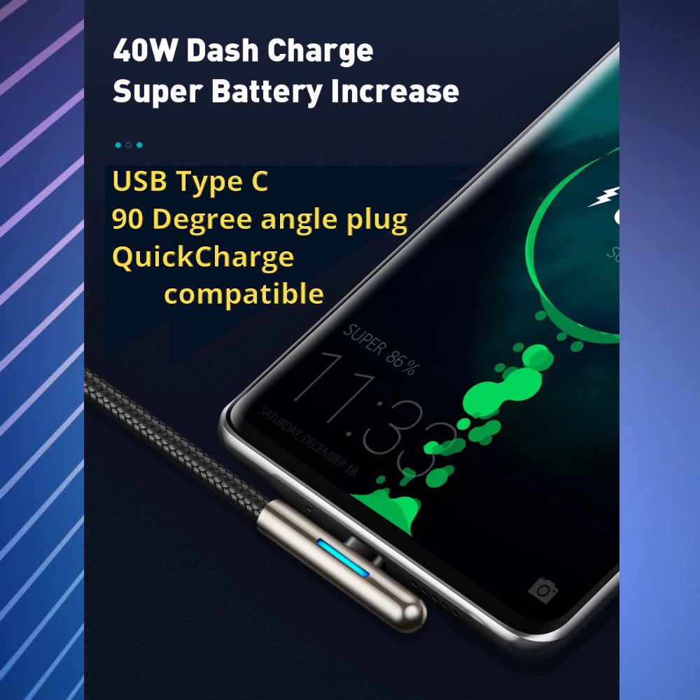 Tough 40w Fast Charge Compatible USB-C Cable with Colour Changing LED & 90 degree plug - 1stMobile.UK