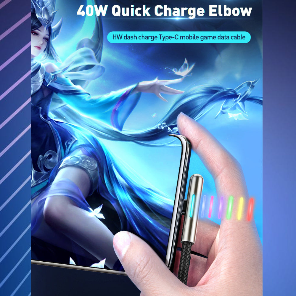 Tough 40w Fast Charge Compatible USB-C Cable with Colour Changing LED & 90 degree plug - 1stMobile.UK