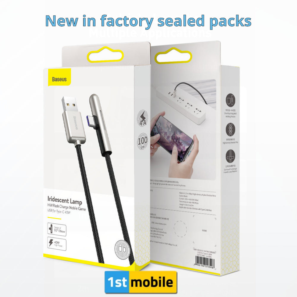 Tough 40w Fast Charge Compatible USB-C Cable with Colour Changing LED & 90 degree plug - 1stMobile.UK