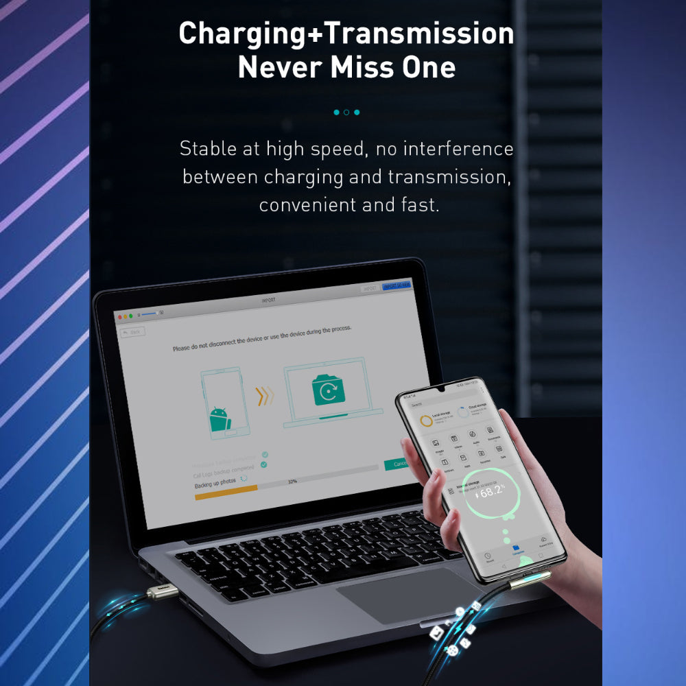 Tough 40w Fast Charge Compatible USB-C Cable with Colour Changing LED & 90 degree plug - 1stMobile.UK