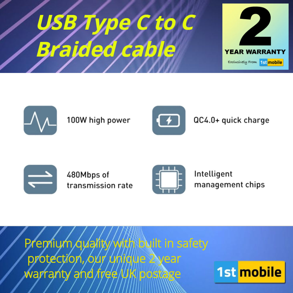 USB Type C to Type C cable for fast charging up to 100w. 1 or 2 metre - 1stMobile.UK