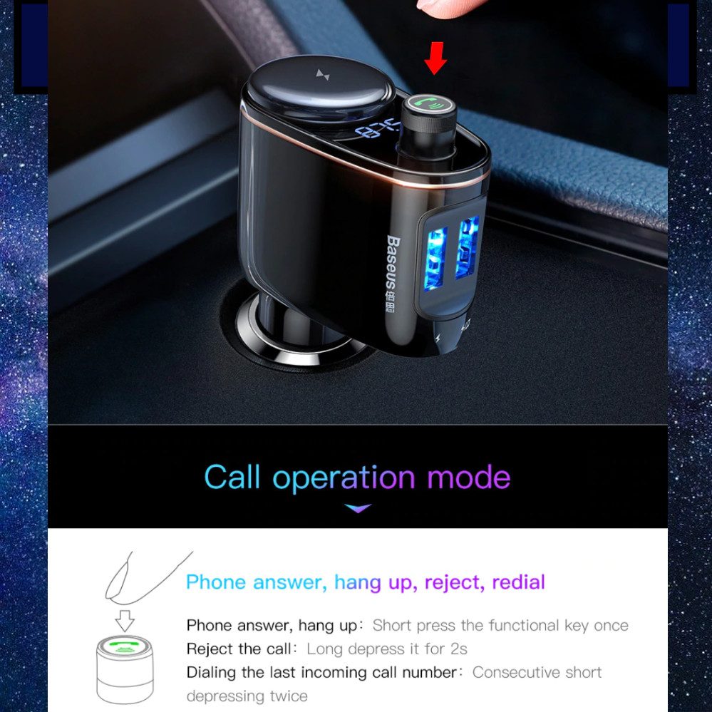 BASEUS Dual USB In-Car Charger/Bluetooth/FM Transmiter/Handsfree/Music Player - 1stMobile.UK