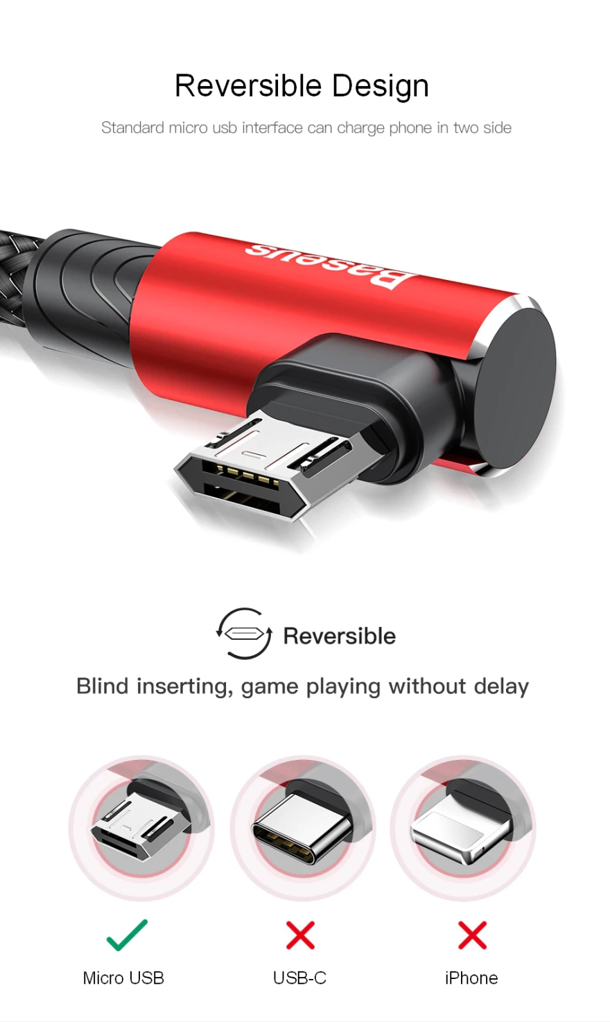 BASEUS Tough microUSB cable, Right Angle plug, Reversible Cable - 1stMobile.UK