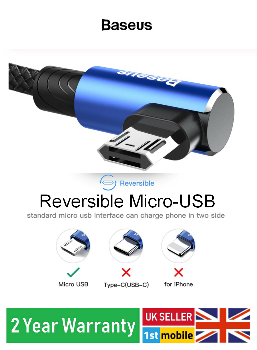 BASEUS Tough microUSB cable, Right Angle plug, Reversible Cable - 1stMobile.UK