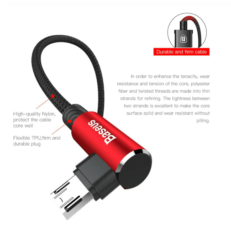 BASEUS Tough microUSB cable, Right Angle plug, Reversible Cable - 1stMobile.UK