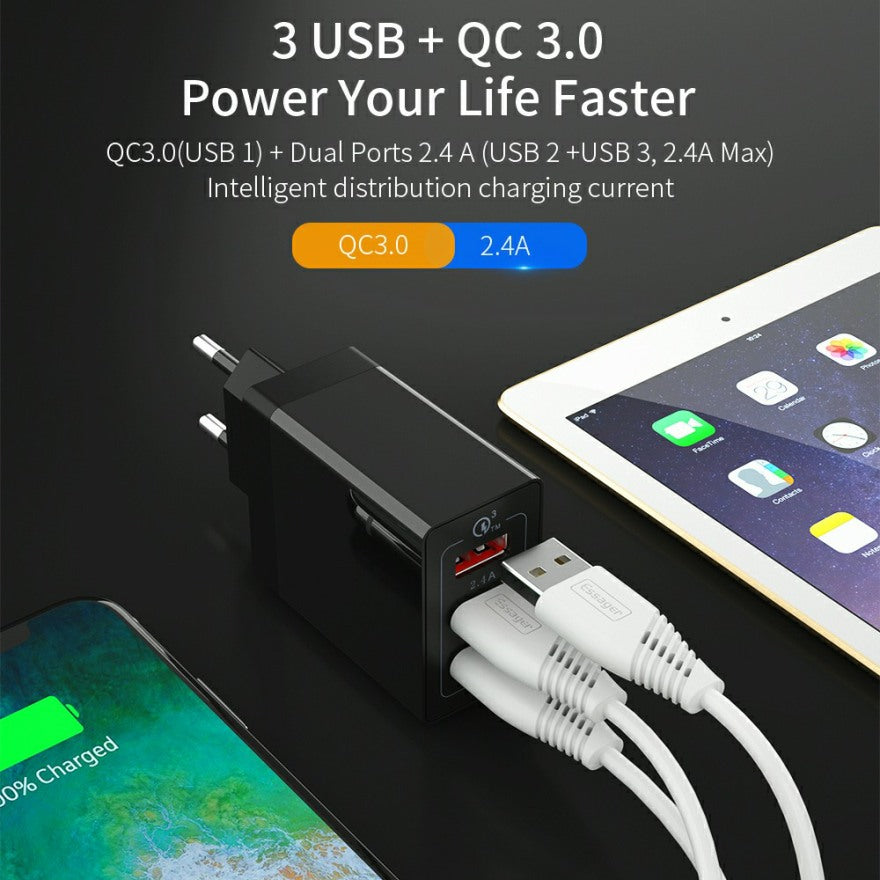 ESSAGER 3 Port USB Charger with Qualcomm 3.0 QuickCharge - 1stMobile.UK