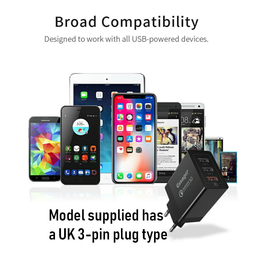 ESSAGER 3 Port USB Charger with Qualcomm 3.0 QuickCharge - 1stMobile.UK