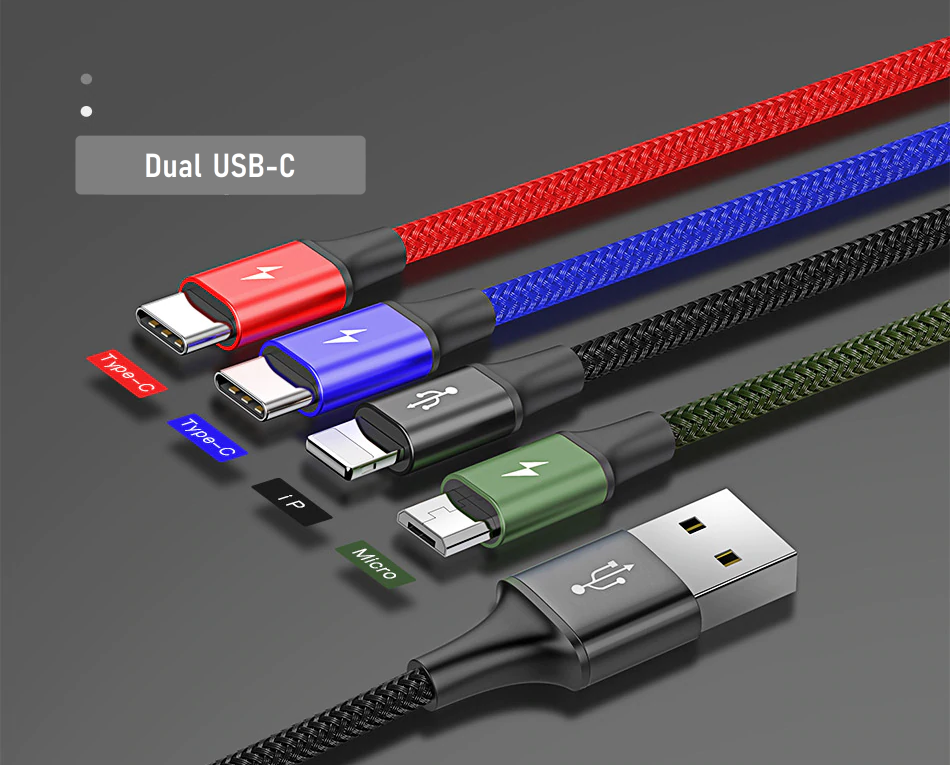 4 in 1 USB Cable for MicroUSB, USB-C, iPhone. 2 YEAR UK GUARANTEE - 1stMobile.UK