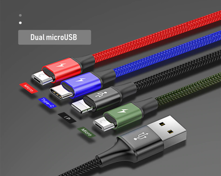 4 in 1 USB Cable for MicroUSB, USB-C, iPhone. 2 YEAR UK GUARANTEE - 1stMobile.UK