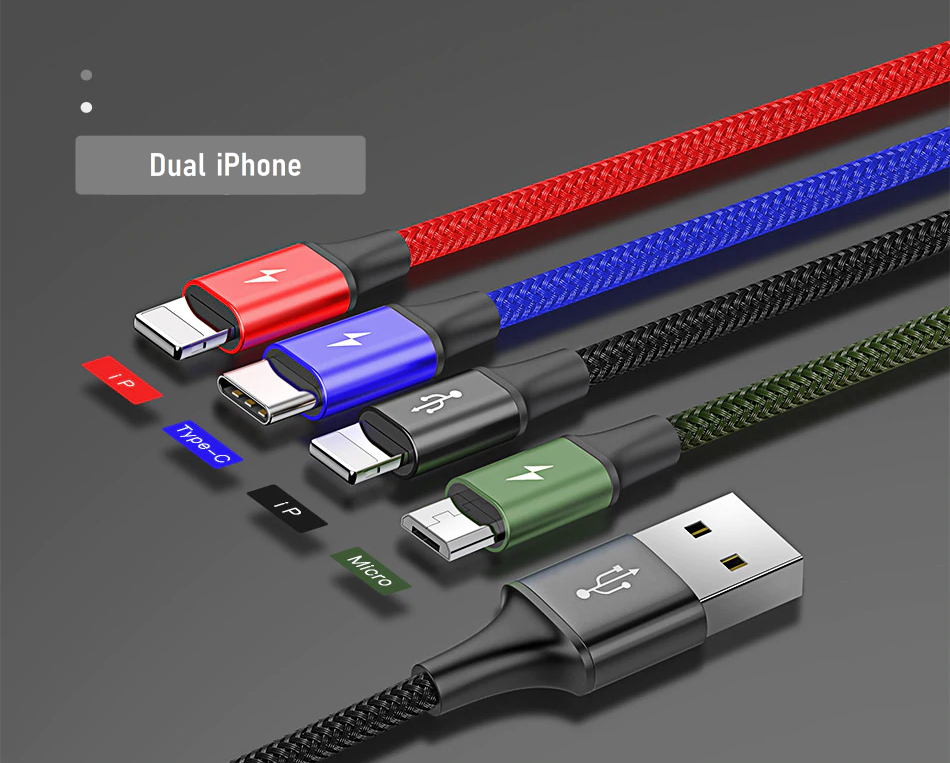 4 in 1 USB Cable for MicroUSB, USB-C, iPhone. 2 YEAR UK GUARANTEE - 1stMobile.UK