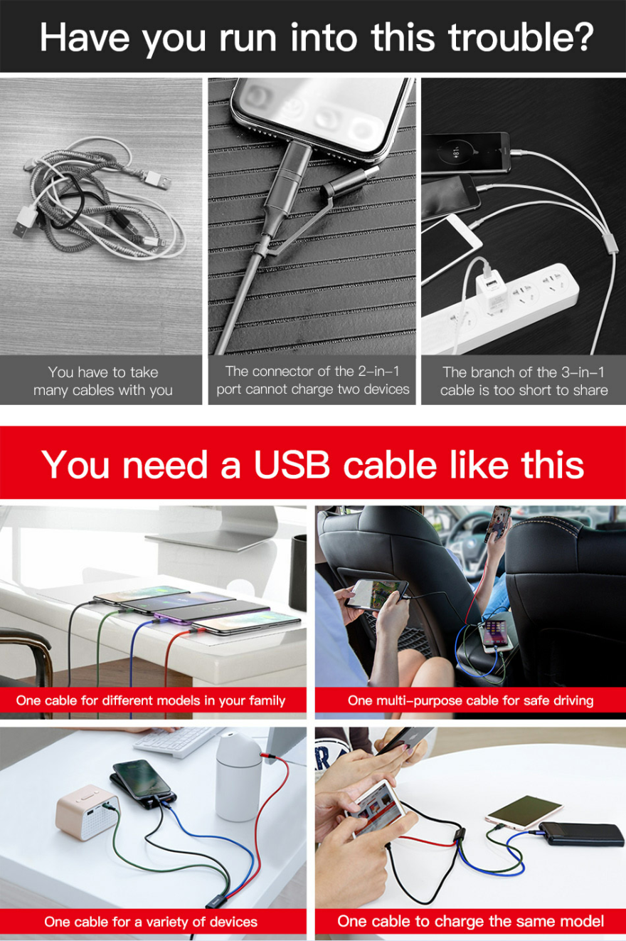 4 in 1 USB Cable for MicroUSB, USB-C, iPhone. 2 YEAR UK GUARANTEE - 1stMobile.UK