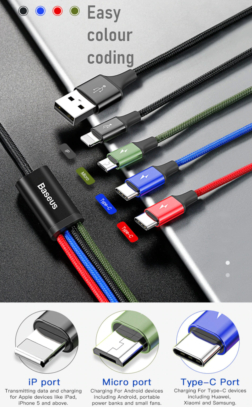 4 in 1 USB Cable for MicroUSB, USB-C, iPhone. 2 YEAR UK GUARANTEE - 1stMobile.UK