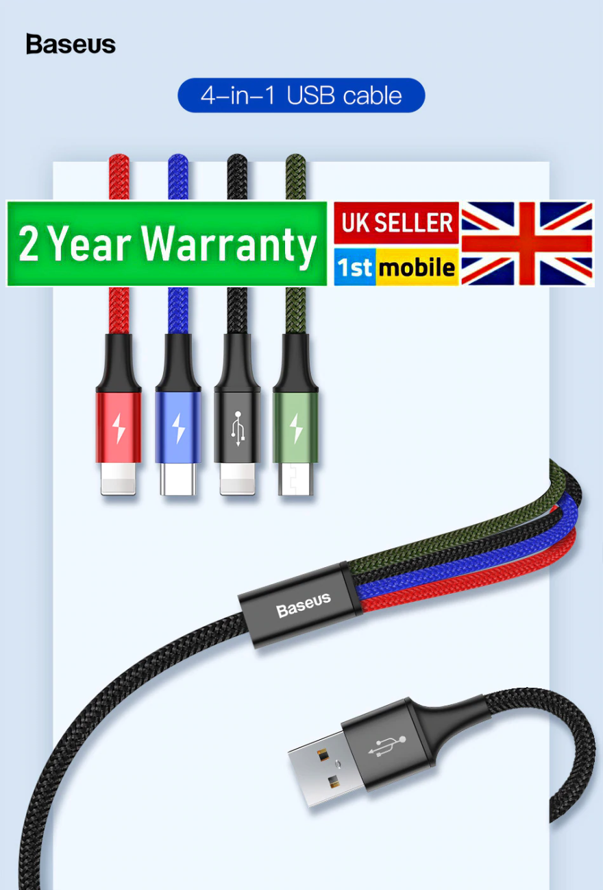 4 in 1 USB Cable for MicroUSB, USB-C, iPhone. 2 YEAR UK GUARANTEE - 1stMobile.UK