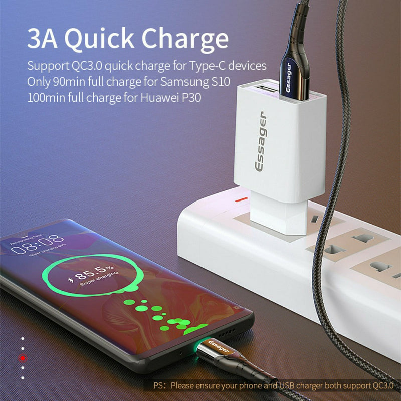 Strong Durable USB-C cable for fast charging up to 3A with LED indicator