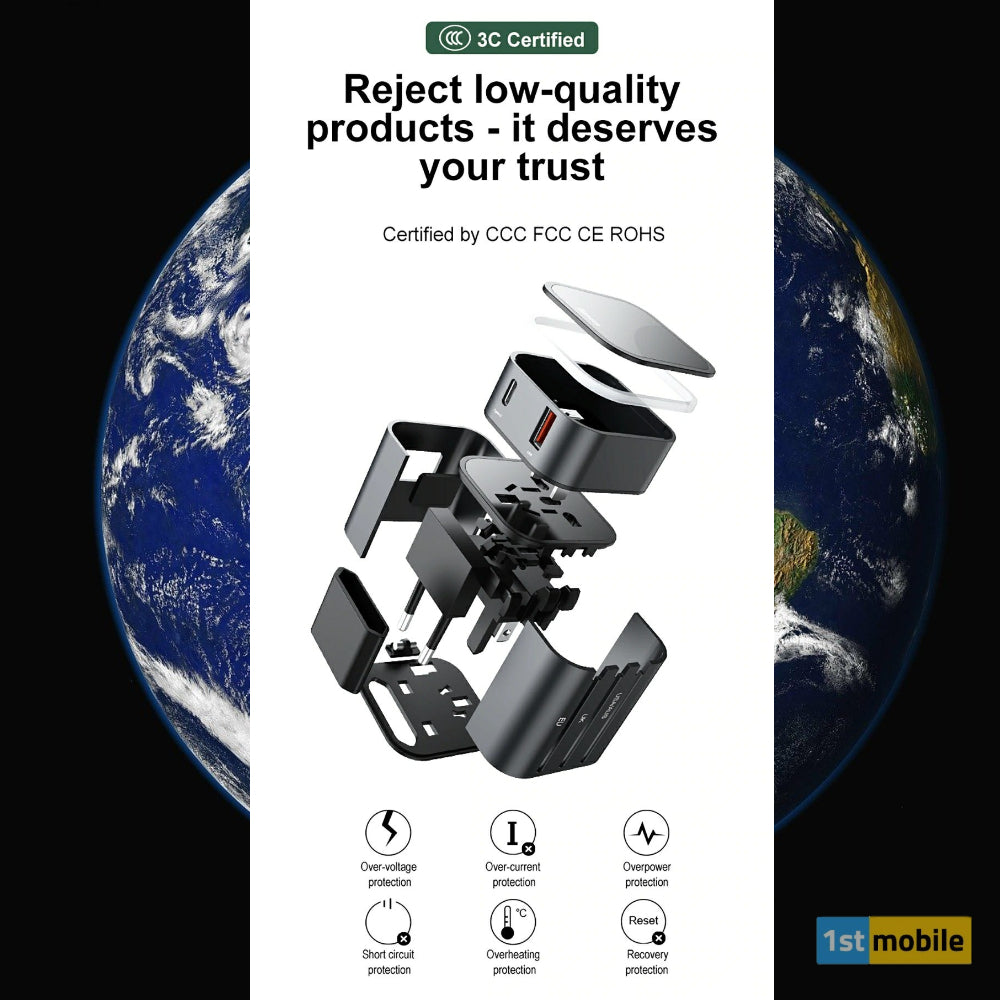 Dual Port USB & USB-C Travel Charger and Fused International Travel Adaptor UK-EU-USA-AUS - 1stMobile.UK