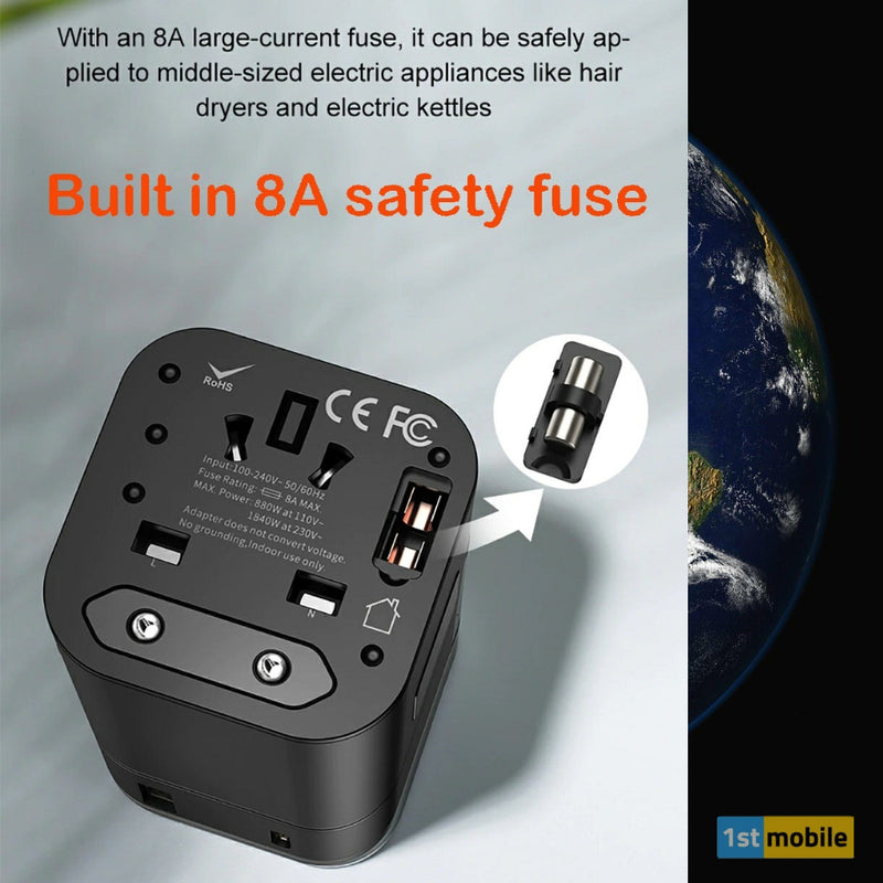 Dual Port USB & USB-C Travel Charger and Fused International Travel Adaptor UK-EU-USA-AUS