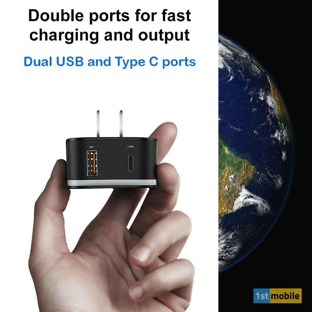 Dual Port USB & USB-C Travel Charger and Fused International Travel Adaptor UK-EU-USA-AUS - 1stMobile.UK