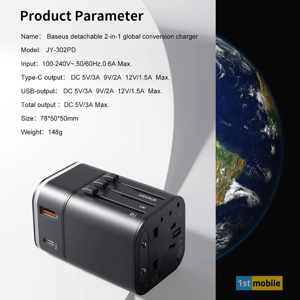 Dual Port USB & USB-C Travel Charger and Fused International Travel Adaptor UK-EU-USA-AUS - 1stMobile.UK
