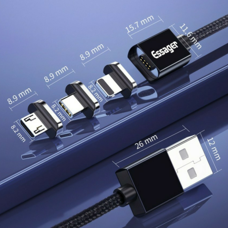 Magnetic Interchangeable USB-C/MicroUSB/iPhone Cable, 1 or 2 metre