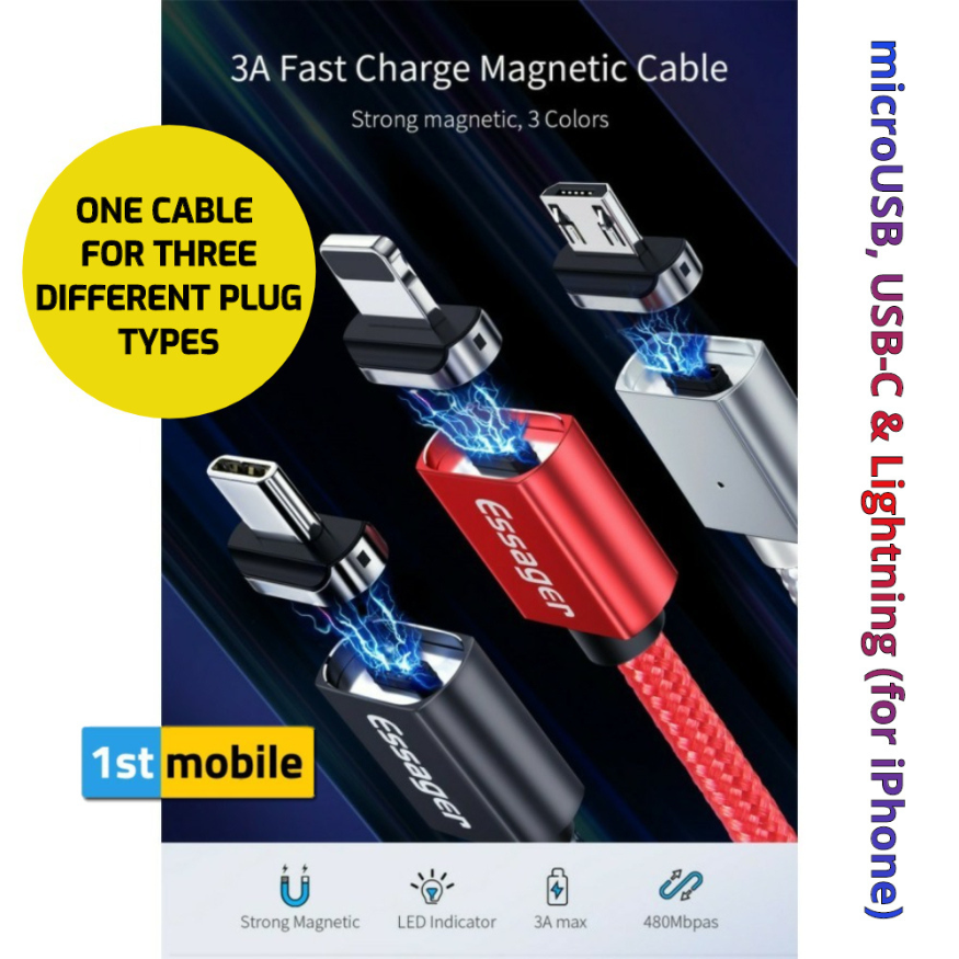 Magnetic Interchangeable USB-C/MicroUSB/iPhone Cable, 1 or 2 metre