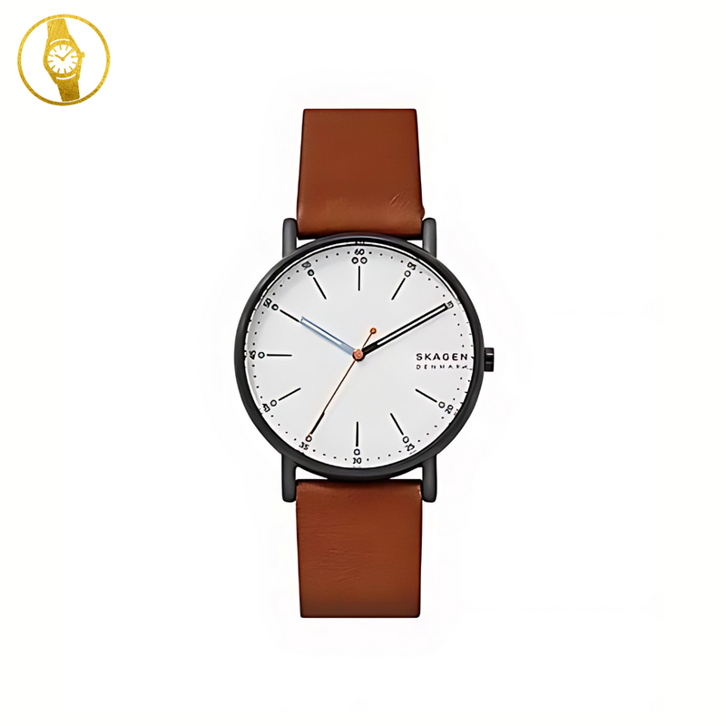 SKAGEN Signatur Mens White Minimalist Style watch, Brown Leather