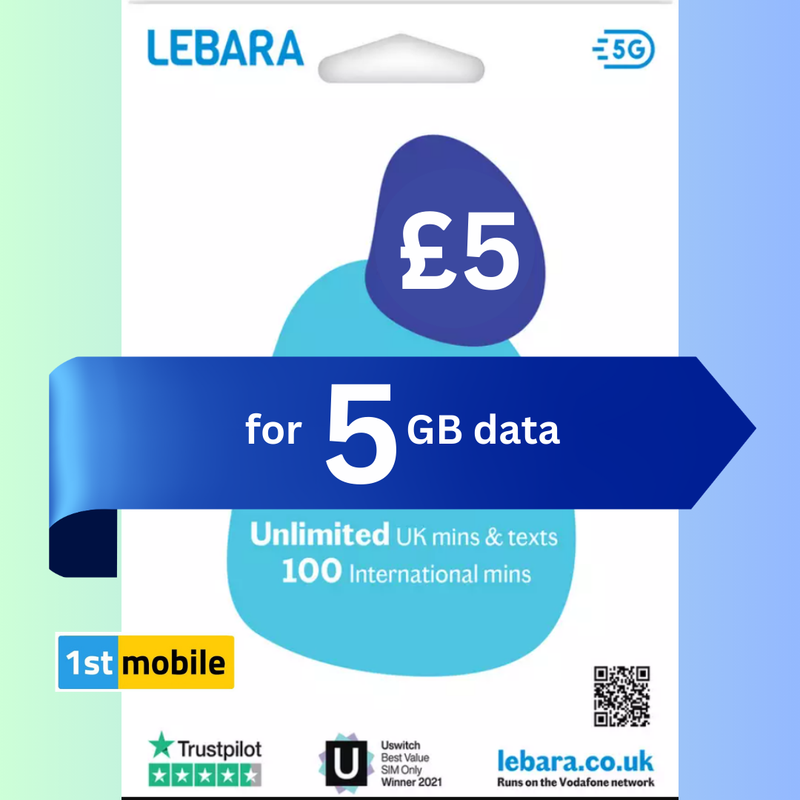 FREE LEBARA UK Pay As You Go Sim Cards. Top up from £4.50 with 5GB data