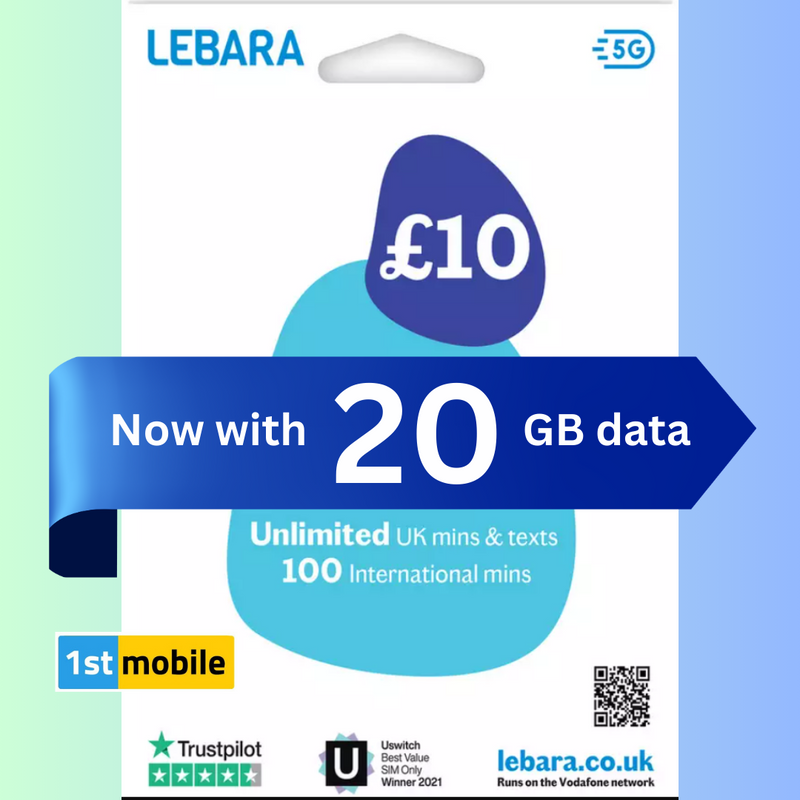 FREE LEBARA UK Pay As You Go Sim Cards. Top up from £5, now with 20GB data