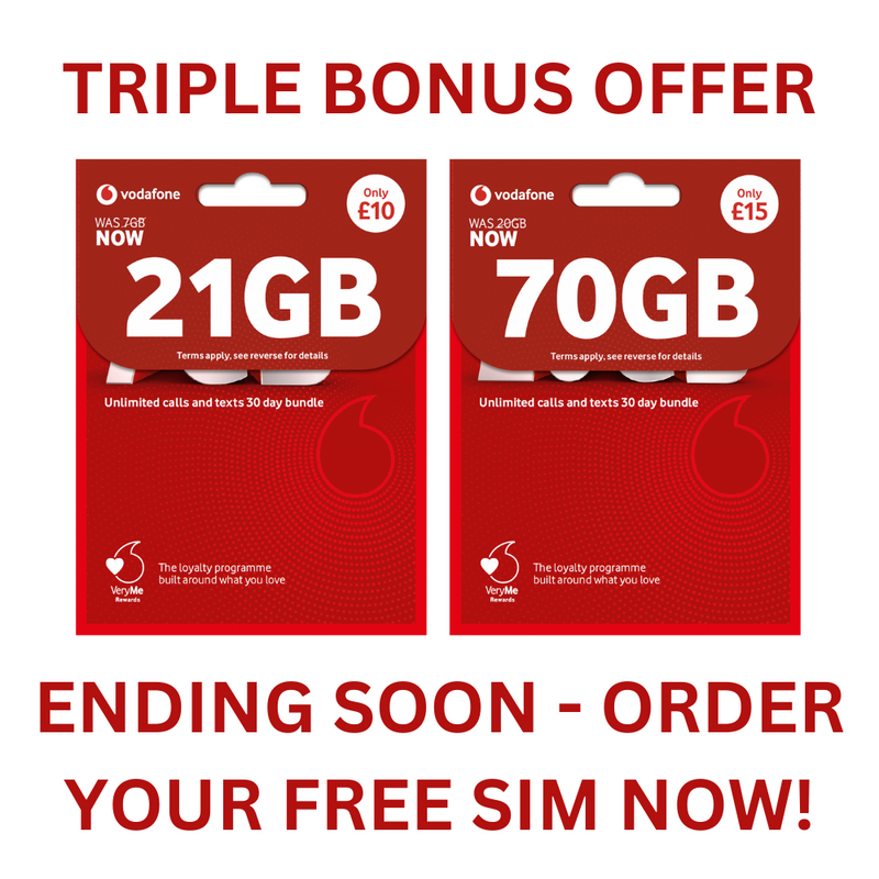 FREE Vodafone UK Pay As You Go Sim Cards, 3X BONUS DATA OFFER