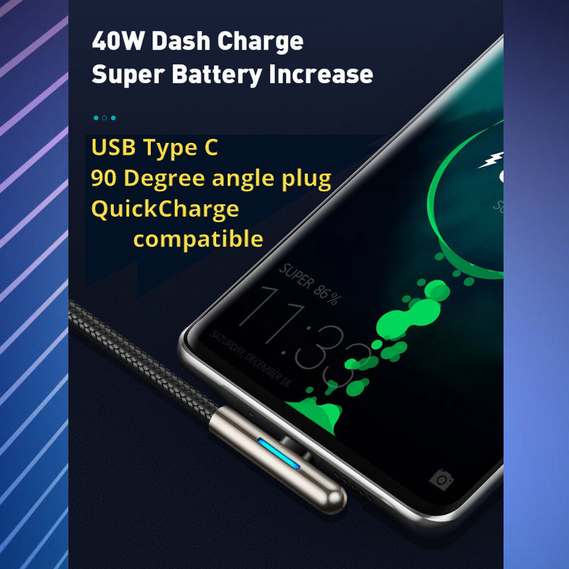Tough 40w Fast Charge Compatible USB-C Cable with Colour Changing LED & 90 degree plug