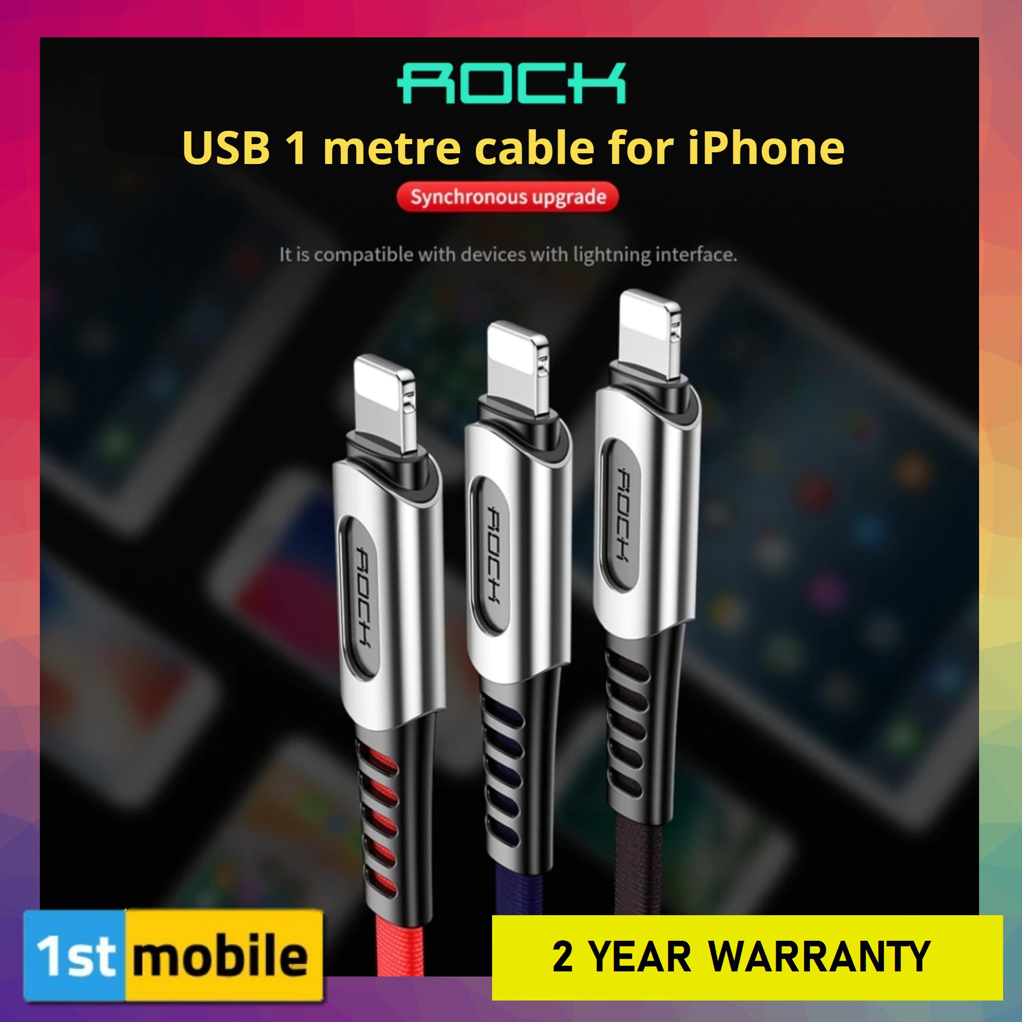 ROCK Reinforced cable for iPhone, Charge and Sync, 1 metre - 1stMobile.UK