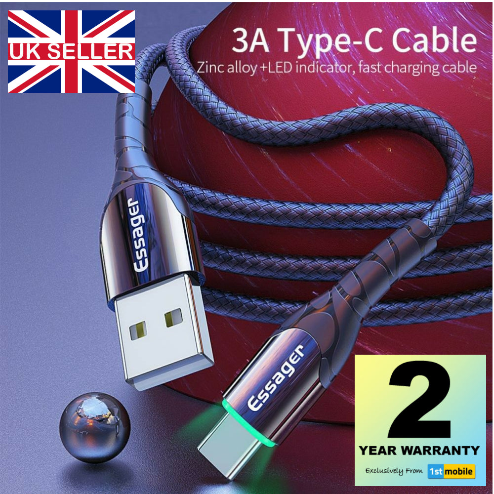 Strong Durable USB-C cable for fast charging up to 3A with LED indicator - 1stMobile.UK