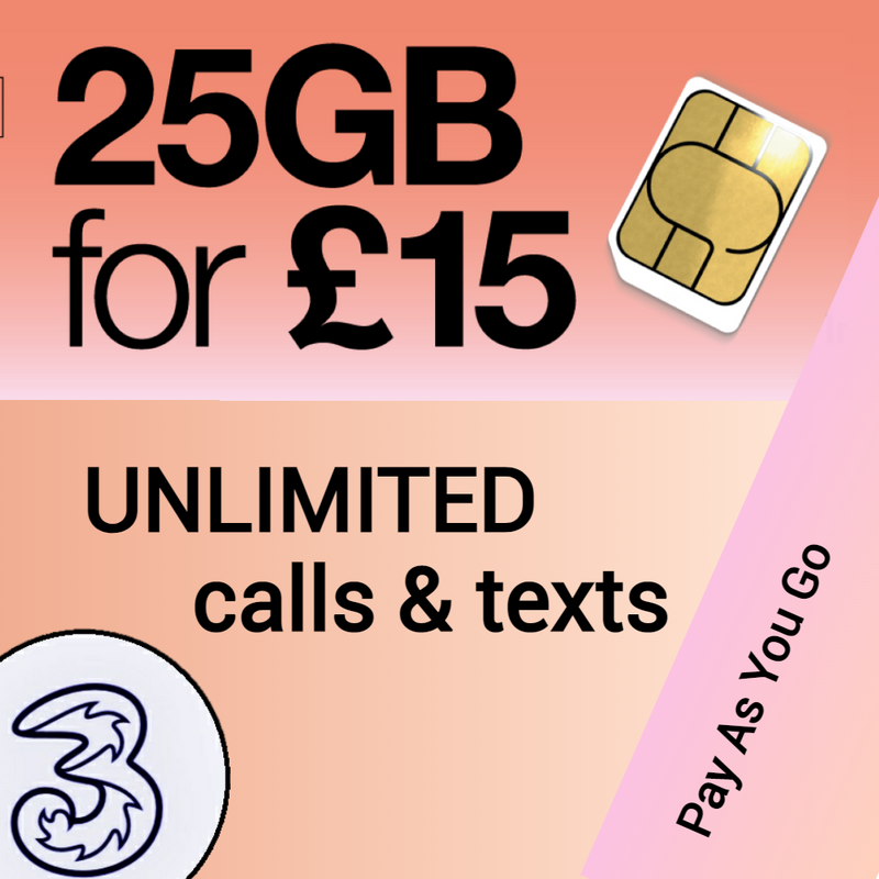 Three (3) Network Data Bundle sims - 25GB for £15 - 5G Ready, Pay As You Go