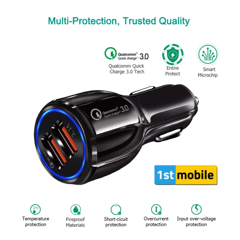 Dual USB in-Car 30w Fast Charger, Charge up to 2 devices in your car