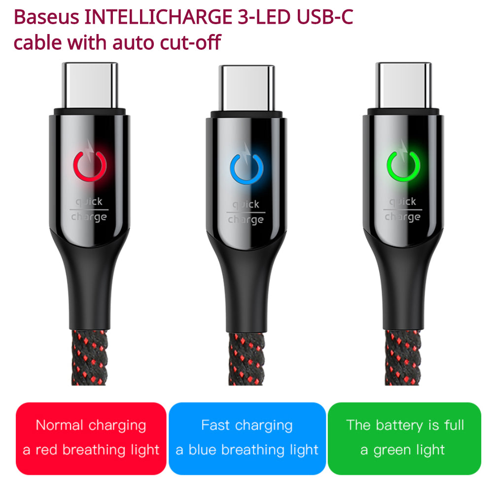 'Intellicharge' Tough USB-C Cable with Colour Changing LED Charge Indicator and Smart Auto Cut-off - 1stMobile.UK