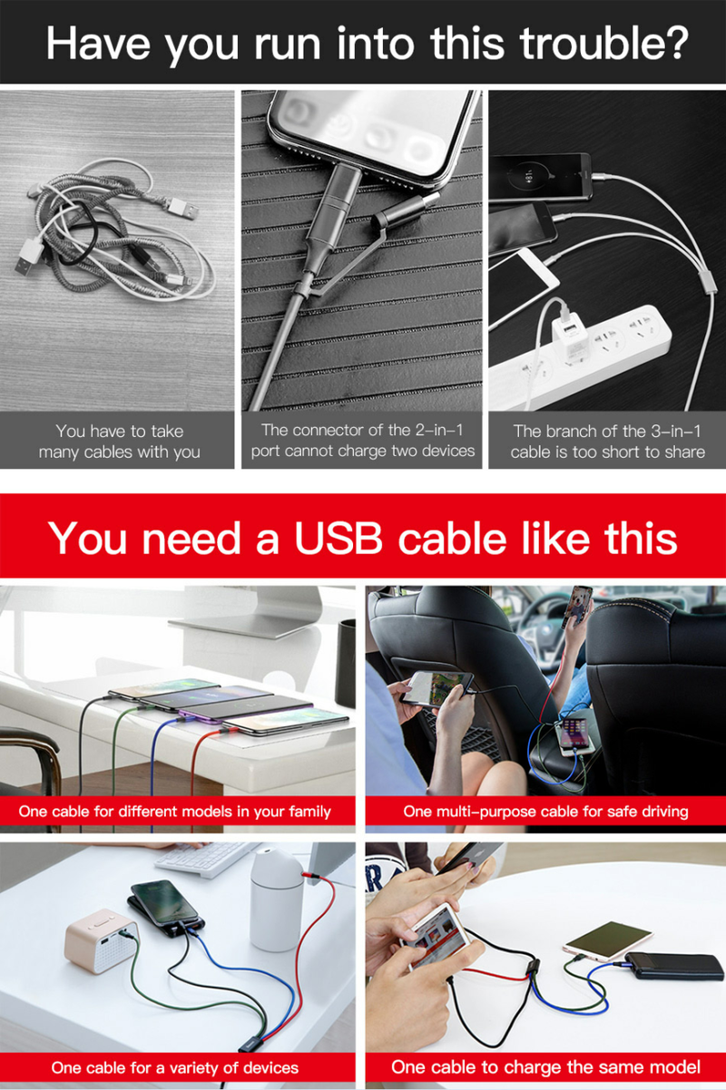 4 in 1 USB Cable for MicroUSB, USB-C, iPhone. 2 YEAR UK GUARANTEE